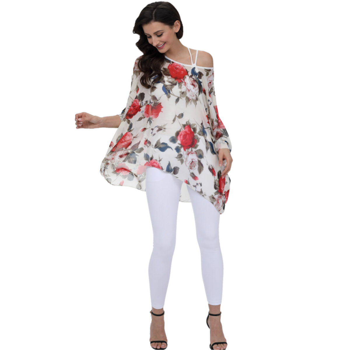 Womens Rose Floral Print Chiffon Top