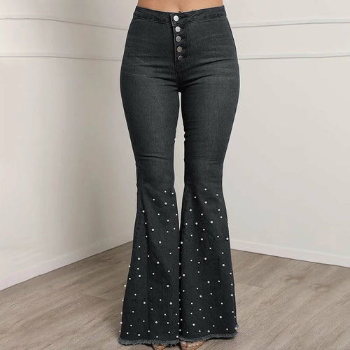 Solid Beading Flared Jeans High Waist Single-breasted Casual Denim