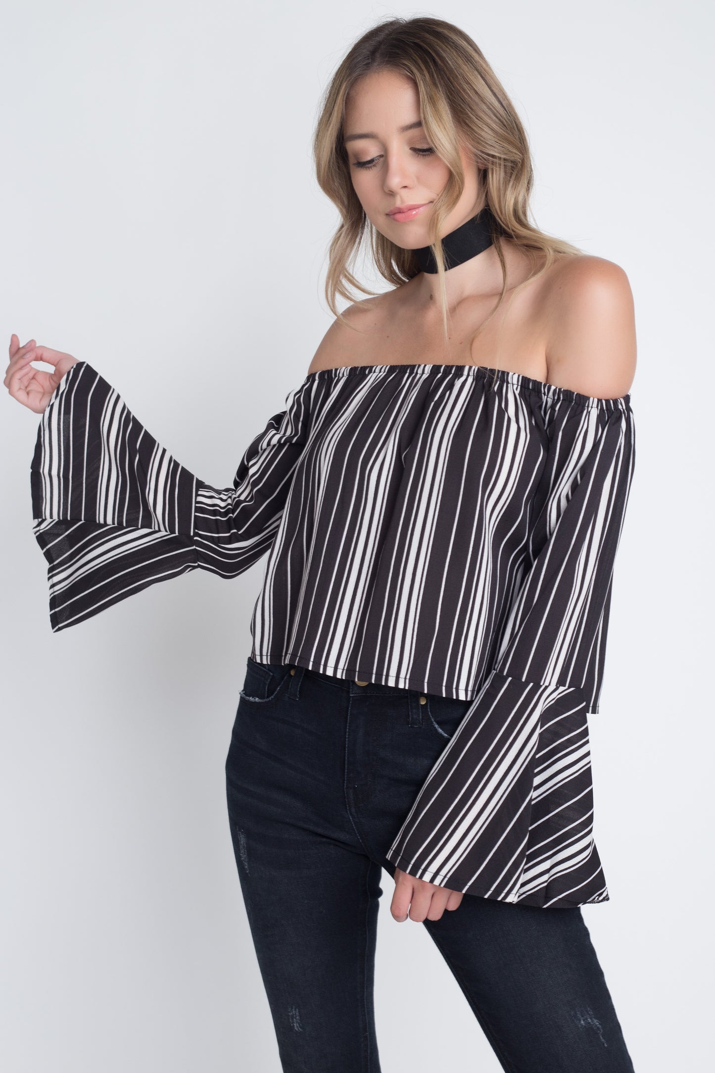 Women's Off Shoulder Casual Stripe Bell Sleeve Top