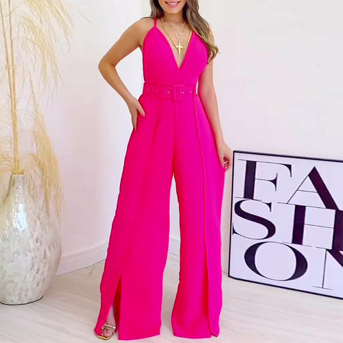 V-neck High-waisted Jumpsuit with Split Wide Leg Pants with Belt