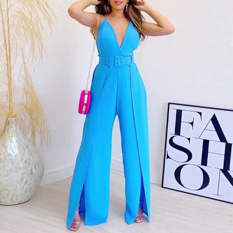 V-neck High-waisted Jumpsuit with Split Wide Leg Pants with Belt