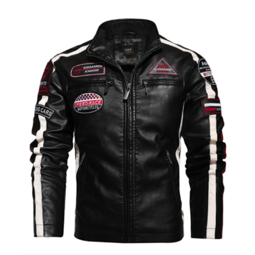 Mens Biker Vegan Leather Jacket With Badges