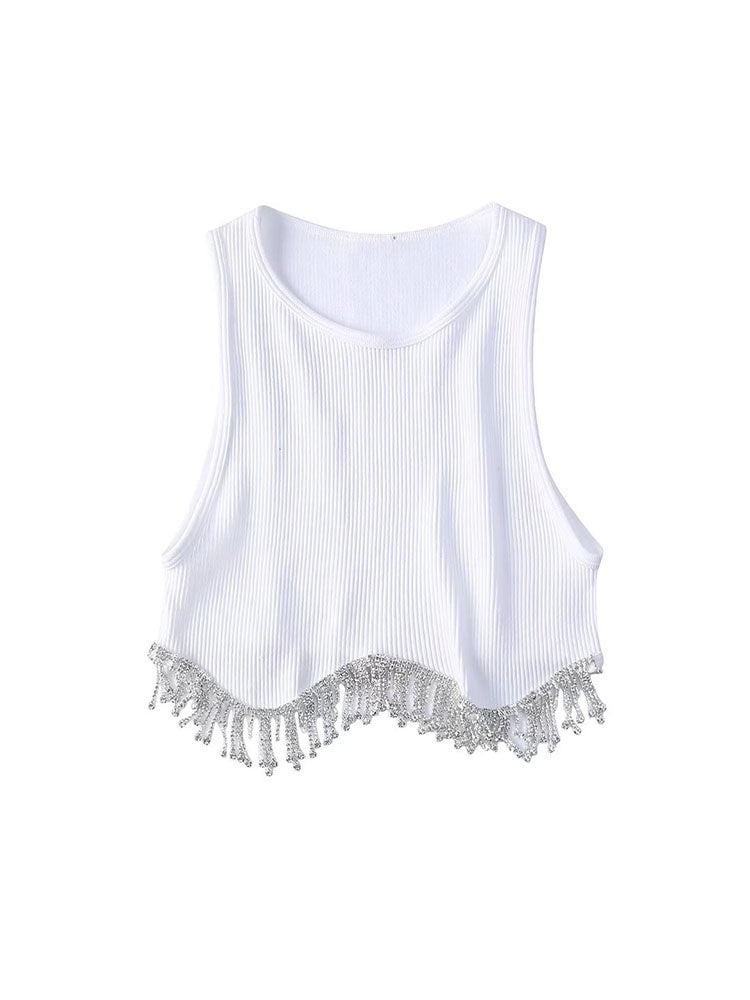 Elegant Solid Irregualr Knitted Tanks Tassel Tanks Crop Top