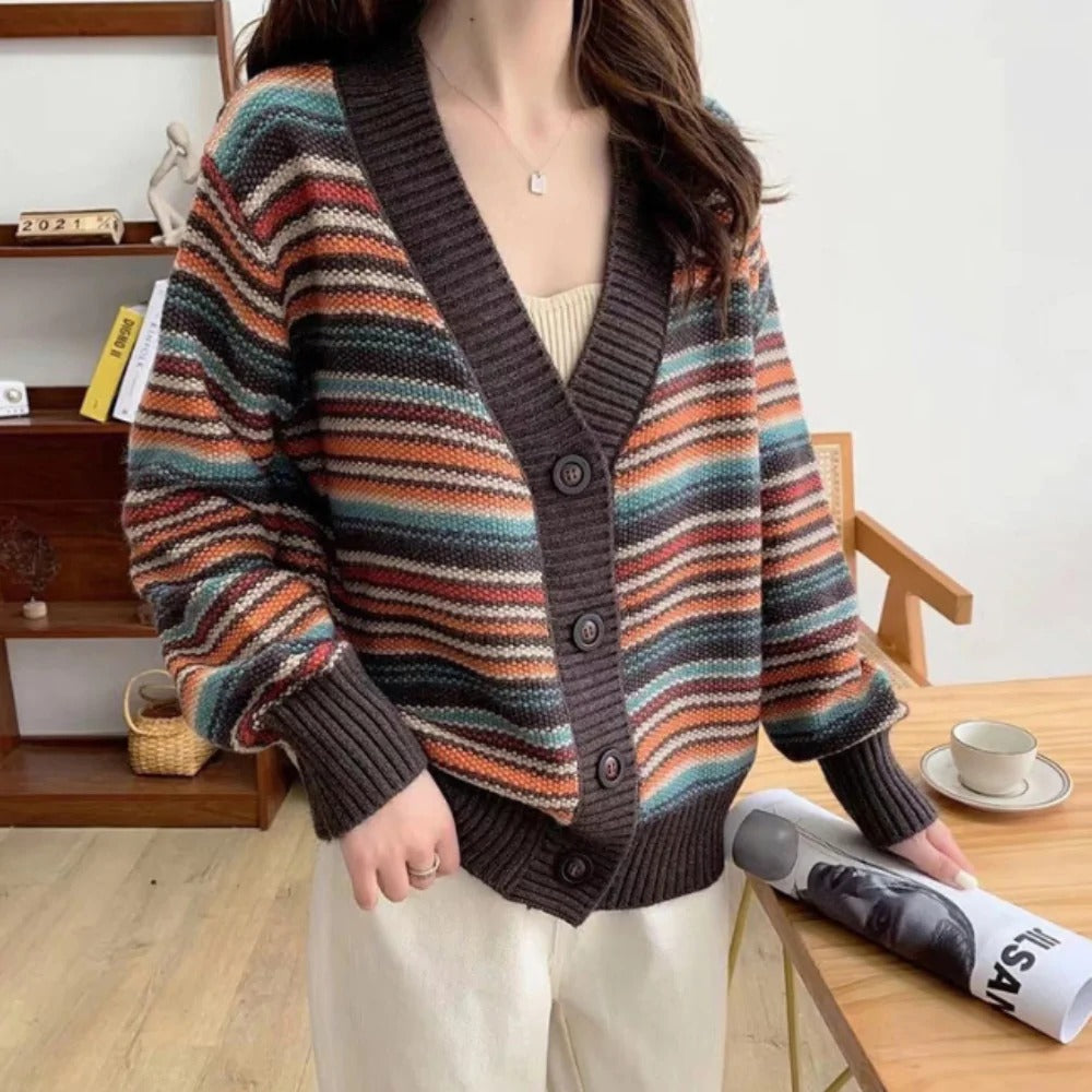 Womens Button Down Striped Cardigan